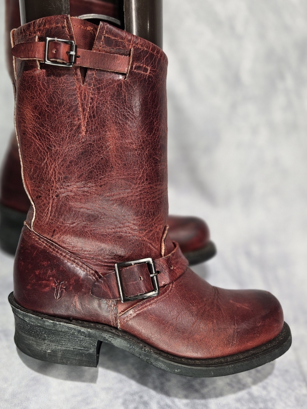 Frye Women's Burgundy Leather Engineer Mid-Calf Moto Boots